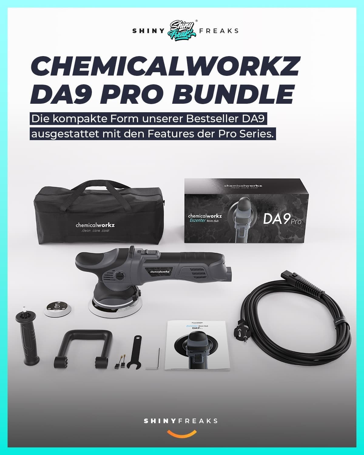 Poliermaschinen Set: chemicalworkz DA9 Pro Exzenter Poliermaschine + Sonax Politur Set + Royal Pads Premium Polierpads + Dr. Wack Versiegelung für Lack + Zubehör | 20-teilig