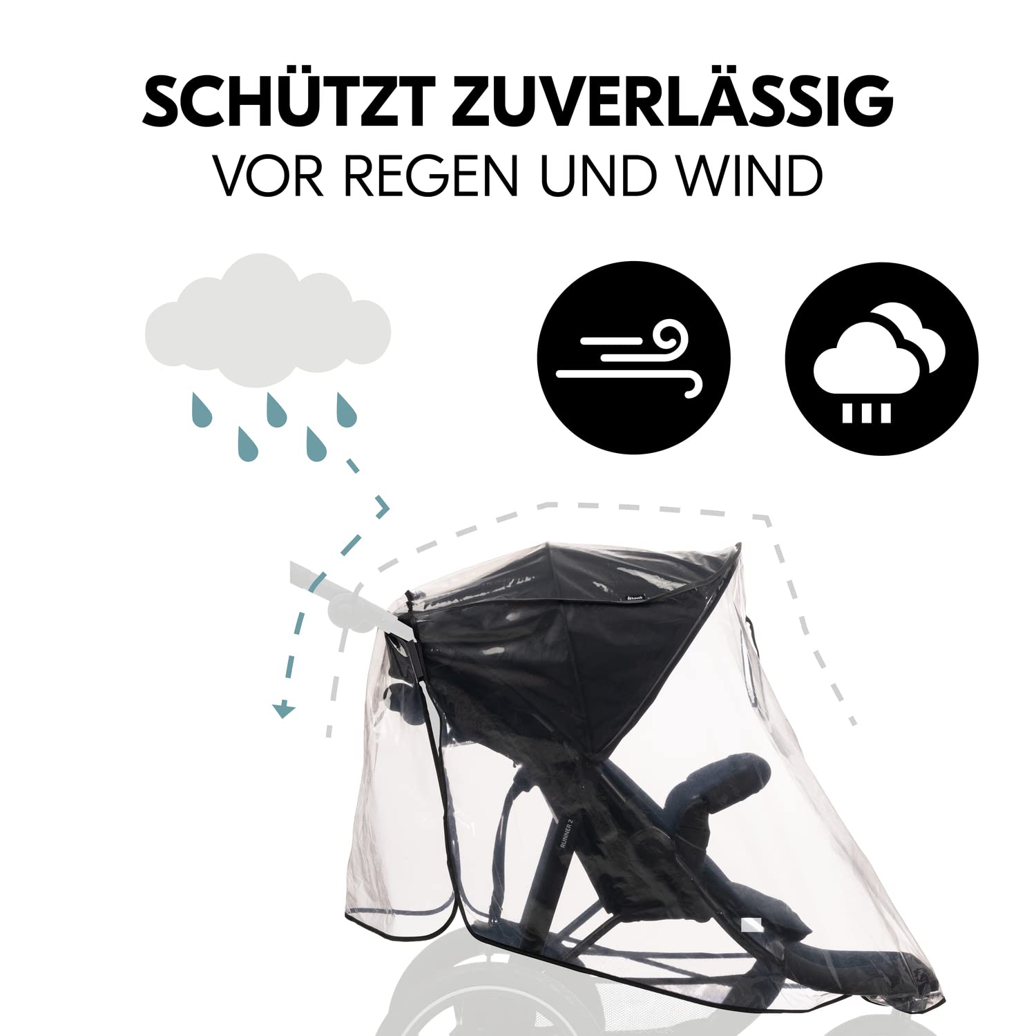 hauck Universal Regenschutz für Dreirad Kinderwagen 58 x 48 x 90 cm, Reflektierend, Kontakt & Belüftungs Fenster, Kompatibel mit Runner & Runner 2, Einfache Klettverschluss Befestigung (Transparent)