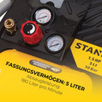 Stanley Kompressor DN200/10/5 - 10 Bar - 5L - 180L/Min - Tragbar für Autozubehör - Mini Kompressor mit Handgriff und Trageriemen - Gelb