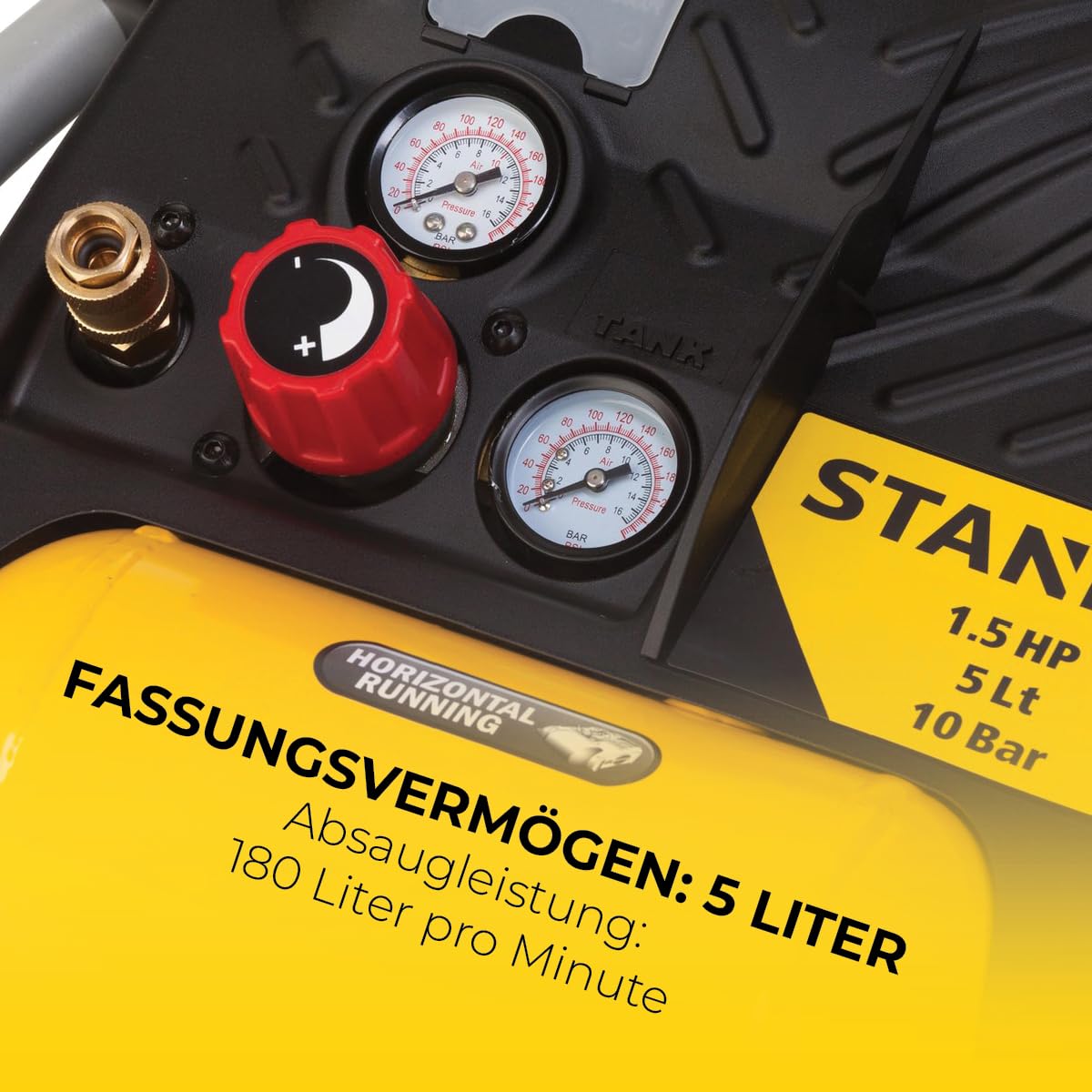 Stanley Kompressor DN200/10/5 - 10 Bar - 5L - 180L/Min - Tragbar für Autozubehör - Mini Kompressor mit Handgriff und Trageriemen - Gelb