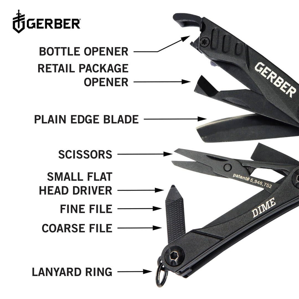 Gerber Multifunktionswerkzeug mit 12 Funktionen, Dime Pocket Multi-tool, Schwarz, 1014030
