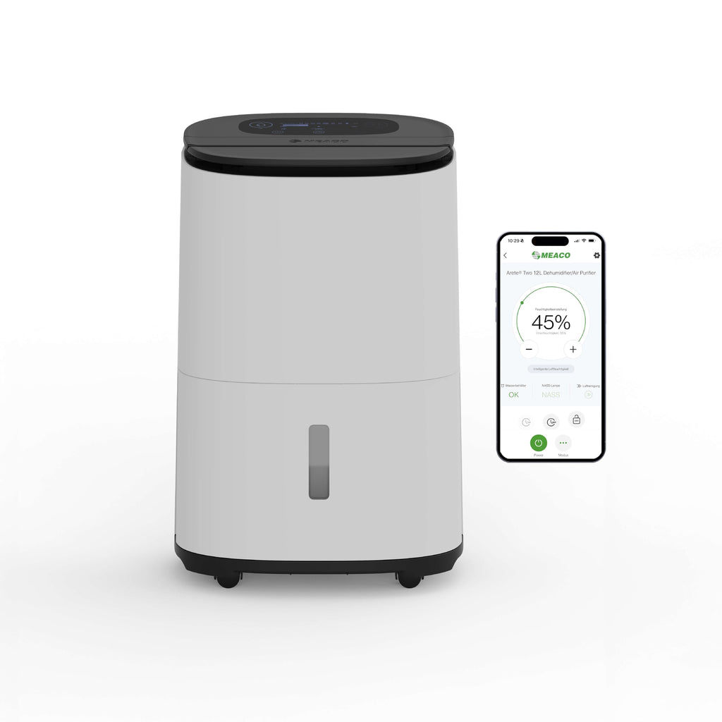 Meaco MeacoDry Arete® Two 12L Luftentfeuchter & HEPA-H13-Luftreiniger, Meaco-WLAN-App, intelligenter Feuchtigkeitsmodus, Wäschemodus, Stromsparmodus, leiser Modus, senkt Feuchtigkeit, 5 Jahre Garantie