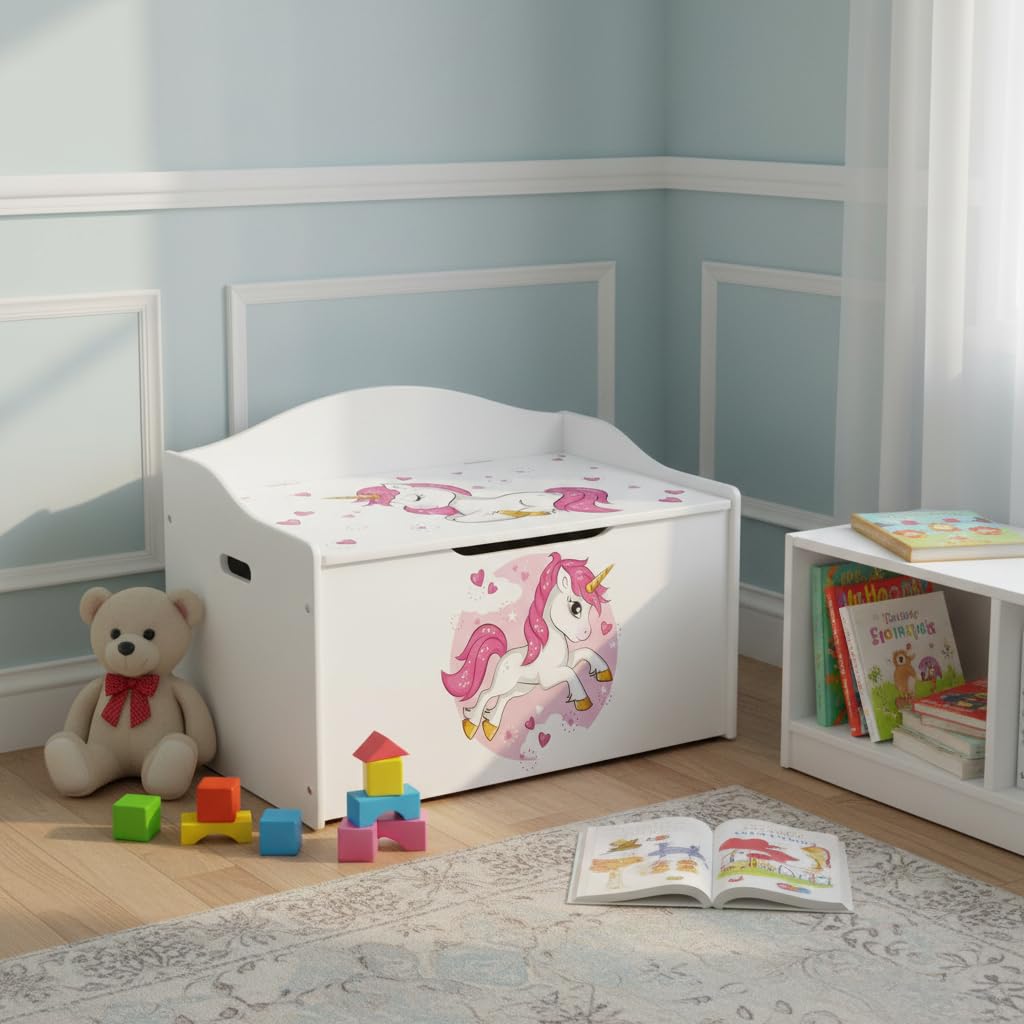 Leomark Kinderbank Hölzerne - UV-Druck: Rosa Einhorn - Kindertruhenbank, Behälter für Spielzeug, Truhe für Kinderzimmer, Höhe: 46 cm