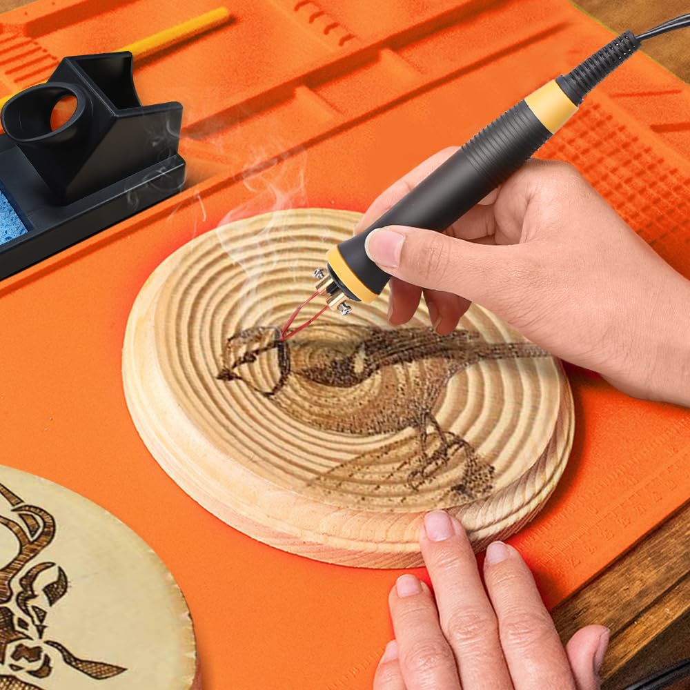 Pyrography Machine, 100W Holzbrenner Set mit 2 Stiften und 33 Tlg Drahtspitzen, Brandmalstation Brennkolben Brandmalerei Brandmalgeräte einstellbar von 0-750°C, Doppelanschluss, für Holz Leder Kürbis
