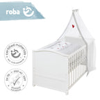 roba Babybett Set Adam & Eule - 70 x 140 cm - Mitwachsendes Kinderbett mit Bettwäsche, Himmel, Matratze - Höhenverstellbar - zu Juniorbett umbaubar - Holz weiß