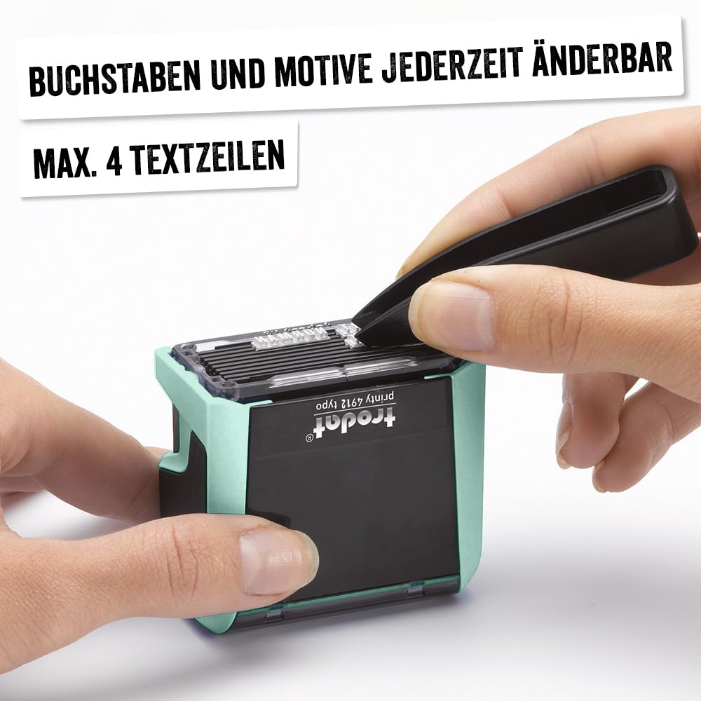 Trodat Printy 4912 Stempelset in Pastell Grün zum Selbersetzen - 4 Textzeilen, Abdruck 47x18 mm, Deutsch, inkl. Pinzette, Stempelkissen schwarz & Buchstaben- und Zahlenset in zwei Größen