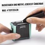 Trodat Printy 4912 Stempelset in Pastell Grün zum Selbersetzen - 4 Textzeilen, Abdruck 47x18 mm, Deutsch, inkl. Pinzette, Stempelkissen schwarz & Buchstaben- und Zahlenset in zwei Größen