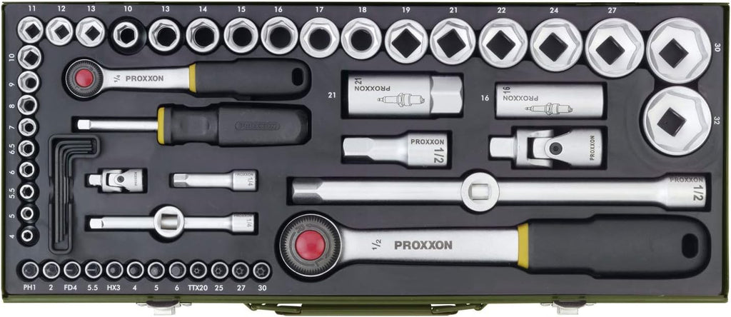 PROXXON Steckschlüsselsatz, Komplettkasten mit 1/4"-und 1/2"-Umschaltratsche sowie Schraubendrehergriff, 56-teiliges Werkzeug-Set mit Stahlkasten, 23040, 450 x 200 x 55 mm