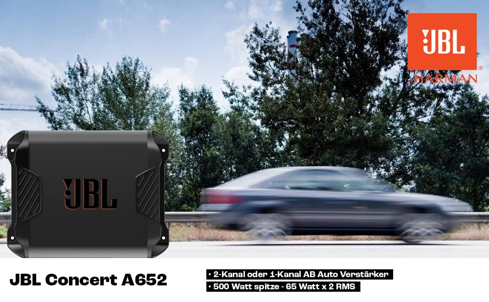 JBL Concert A652 2-Kanal Class-AB Auto-Verstärker, 2×65 W RMS @ 4 Ω, 2×85 W RMS @ 2 Ω, 1×170 W RMS gebrückt @ 4 Ω, 460 W Peak, 20 Hz–20 kHz, Bass Boost, HPF/LPF, High/Low Inputs