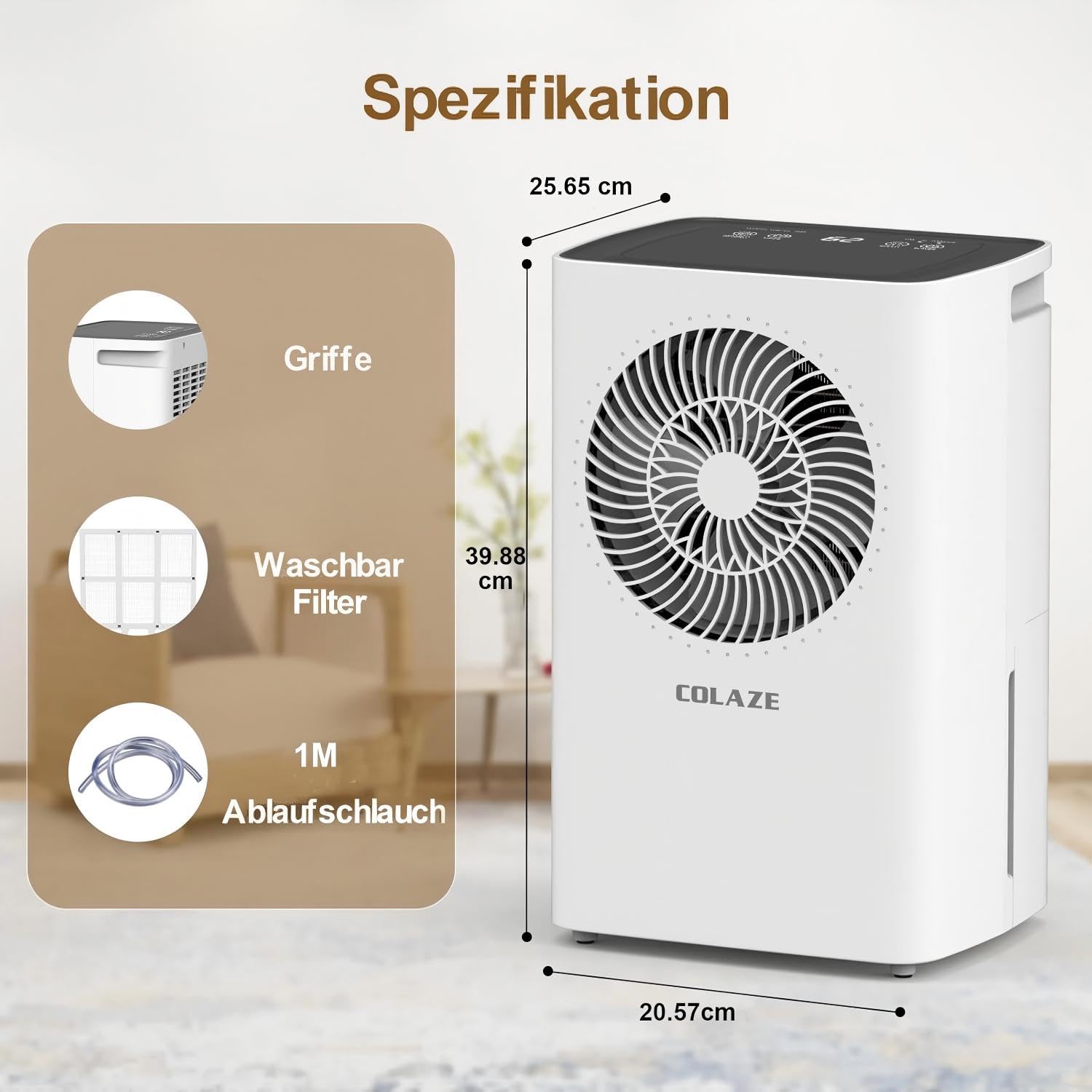 COLAZE Luftentfeuchter 12L/24h, Luftentfeuchter Elektrisch für Raumgrößen 120m³(30m²), Entfeuchter Leise, Raumentfeuchter mit Kompressor, Ideal für für Wohnung, Bad & Keller