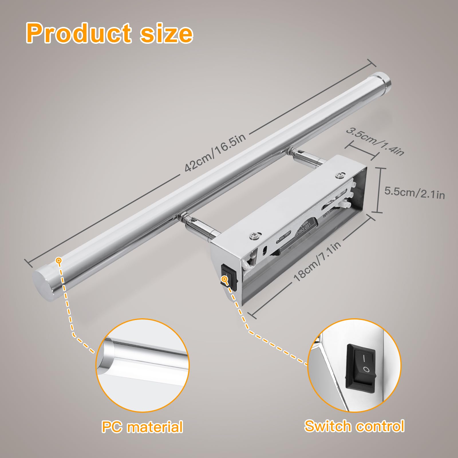 Dehobo LED Spiegelleuchte Bad 42CM 9W - Spiegellampe Badezimmer mit Schalter IP44 Wandbeleuchtung Neutralweiß 4000K 730LM für Badzimmer - Badleuchte Badspiegel Lampe Edelstahl Spiegel Schminklicht