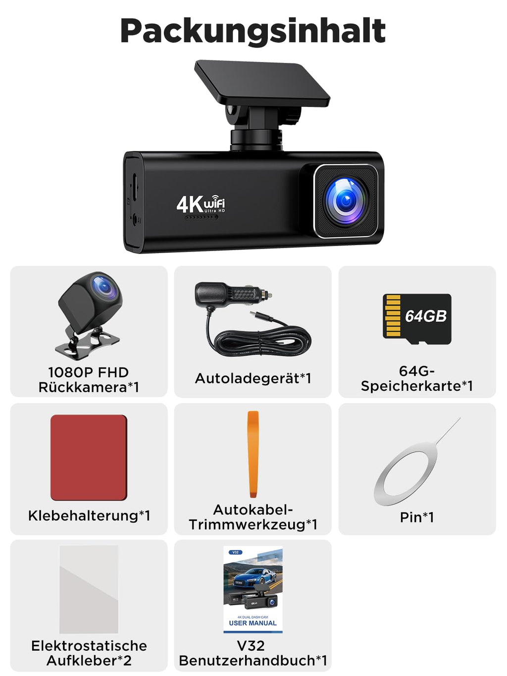Topabol Dashcam Auto, 4K + 1080P Dashcam Auto Vorne Hinten, WiFi Dash Cam mit 64GB SD Karte, Dual Auto Kamera mit Nachtsicht, 170° Weitwinkel WDR, G-Sensor, Loop-Aufnahme, APP Steuerung, Max 256GB
