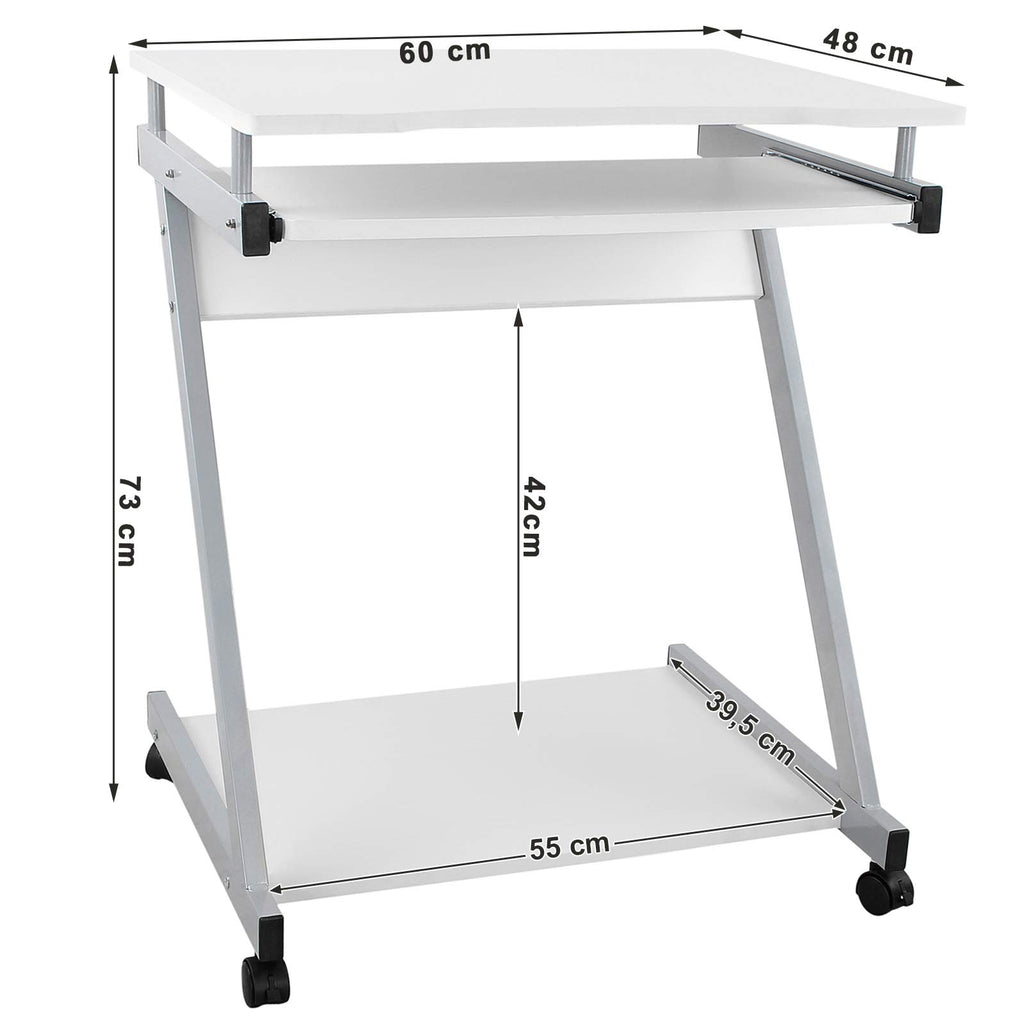 VASAGLE Schreibtisch, Computertisch mit 4 Rollen, 2 Davon mit Bremsen, PC-Tisch leichtgängiger Tastaturauszug, erleichterte Montage, platzsparender PC-Tisch in Z-Form, weiß, LCD811W, 60 x 48 x 73 cm