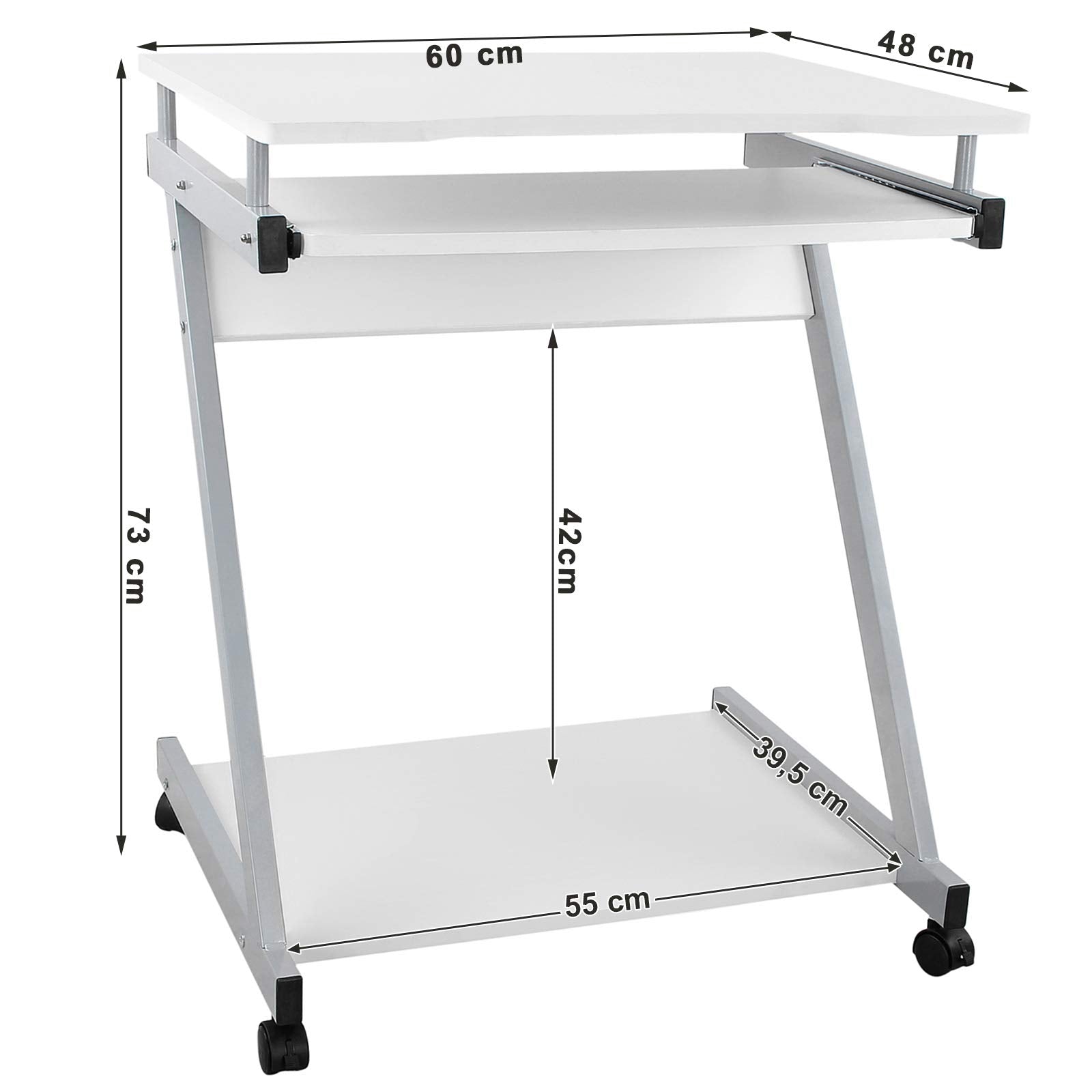 VASAGLE Schreibtisch, Computertisch mit 4 Rollen, 2 Davon mit Bremsen, PC-Tisch leichtgängiger Tastaturauszug, erleichterte Montage, platzsparender PC-Tisch in Z-Form, weiß, LCD811W, 60 x 48 x 73 cm