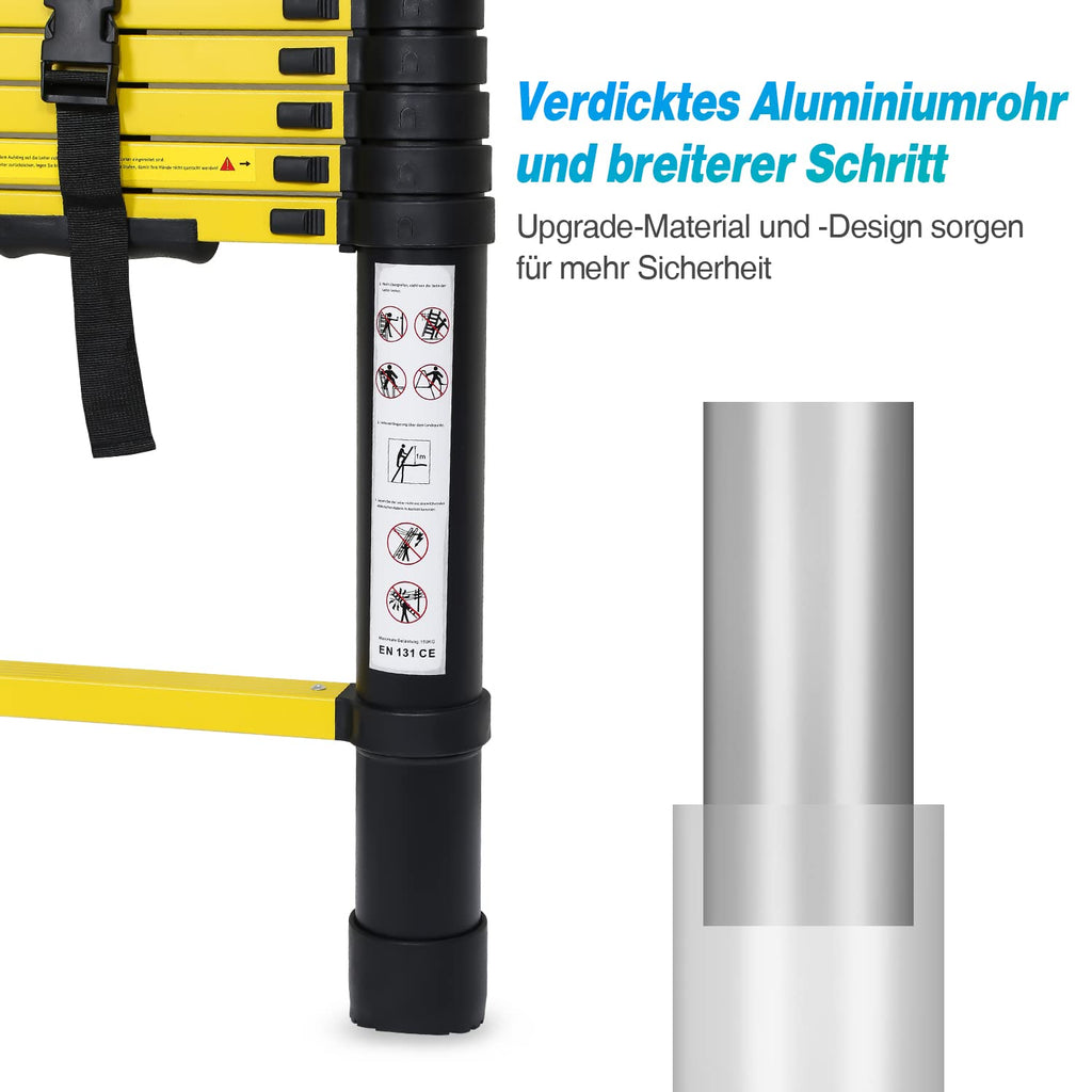 Joparri Aluminium Teleskopleiter mit Abnehmbarem Haken, 3.8M Ausziehbare Leiter, Rutschfester Aluleiter Stehleiter Mehrzweckleiter, Ausziehleiter Belastung 150 kg, Schwarz Gelb