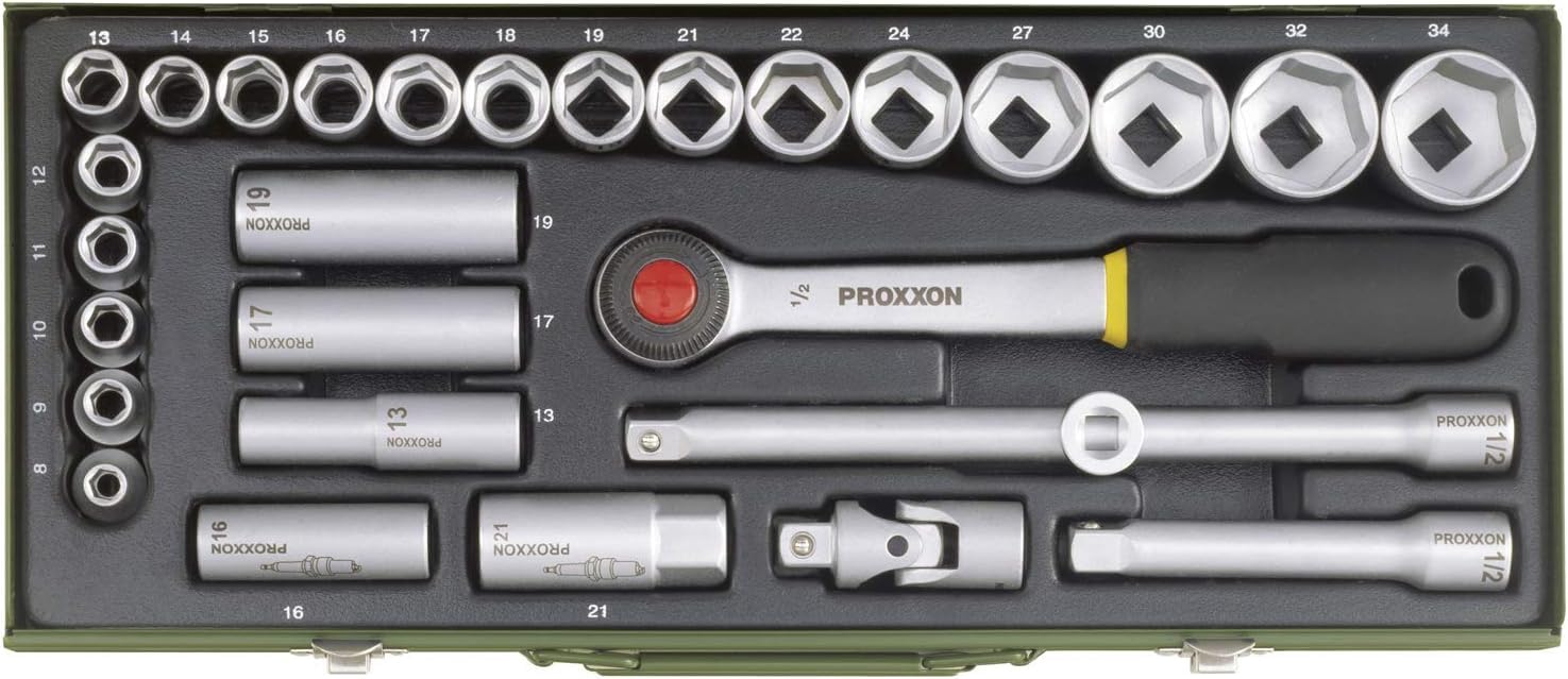 PROXXON Steckschlüsselsatz, Für die kraftvolle Mechanik mit 1/2"-Umschaltratsche, 29-teiliges Werkzeug-Set mit Stahlkasten, 23000