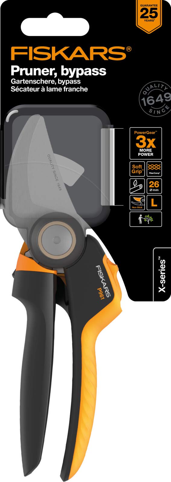 Fiskars Bypass-Gartenschere L, X-series PowerGear, P961, Mit Rollgriff, Für frische Äste und Zweige, Antihaftbeschichtet, Edelstahl-Klingen, Länge: 22,2 cm, Schwarz/Orange, 1057175