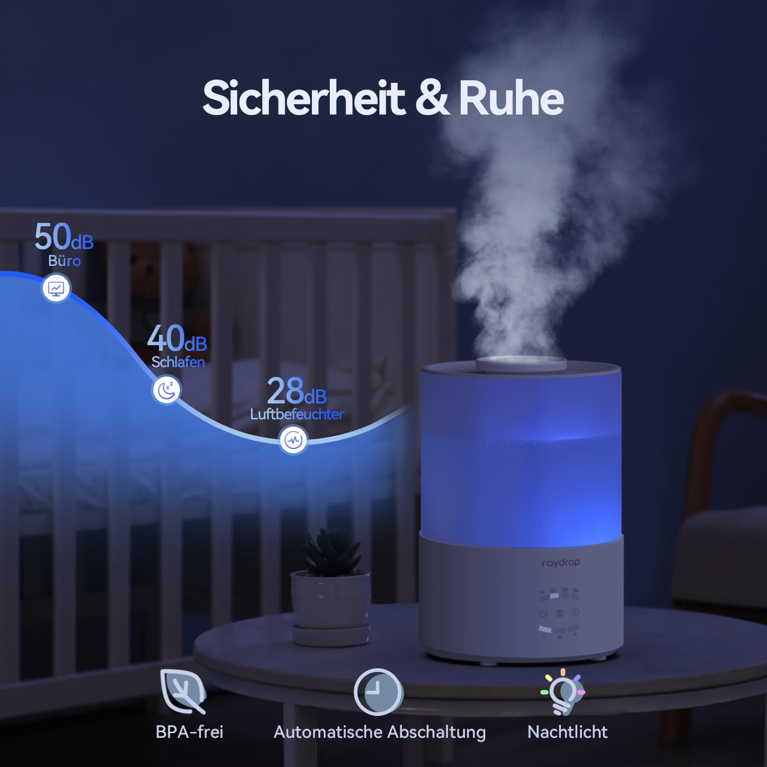raydrop Luftbefeuchter Schlafzimmer 3L, Ultraschall Cool Mist Luftbefeuchter für große Räume & Zuhause, Top-Fill Humidifier für Baby & Pflanzen, Aroma Diffusor mit LED-Licht, Timer & Auto-Abschaltung