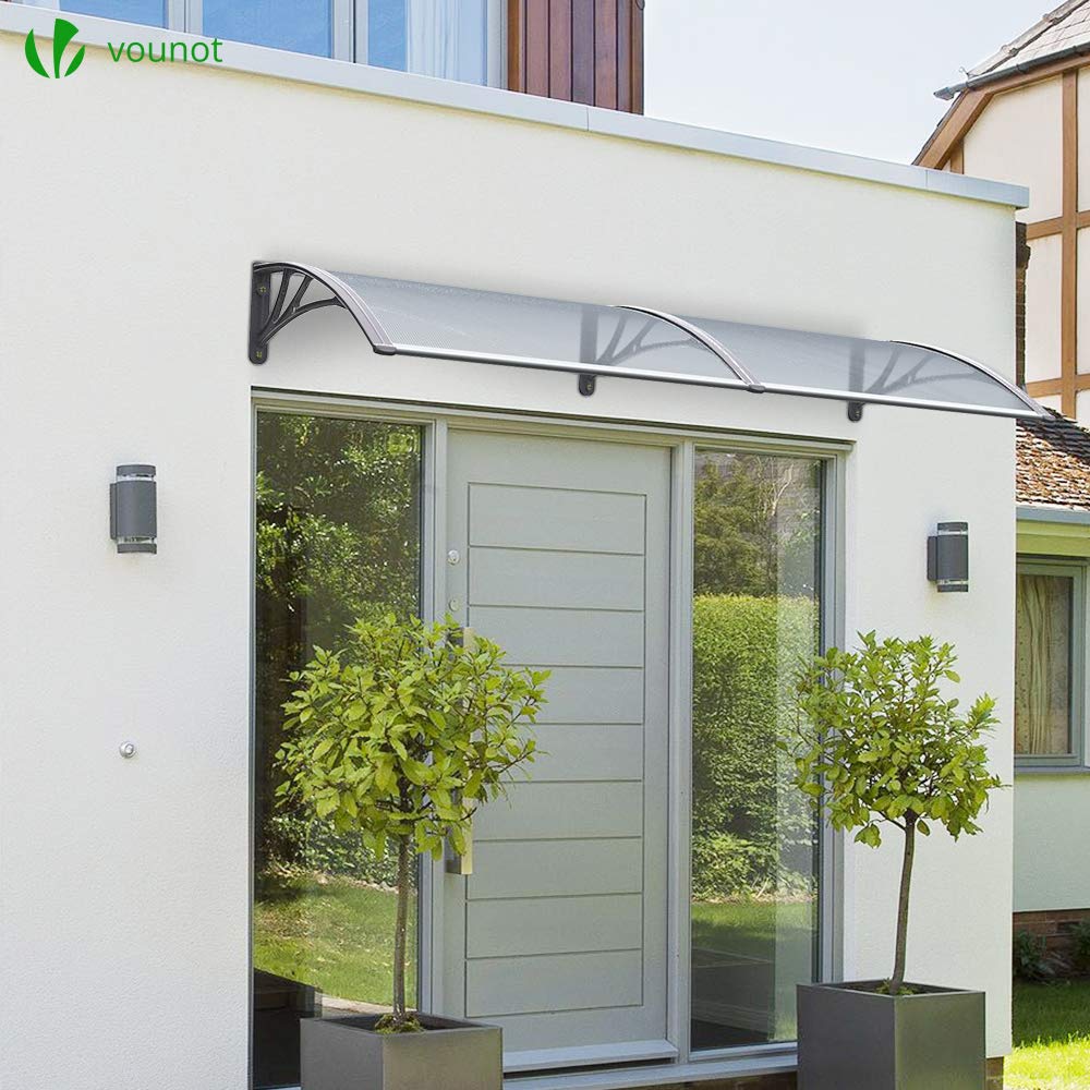 VOUNOT Vordach für Haustür 200 x 80 cm, Überdachung Haustür aus Aluminium und Polycarbonat, Transparentes Pultbogenvordach, Pultvordach, Grau