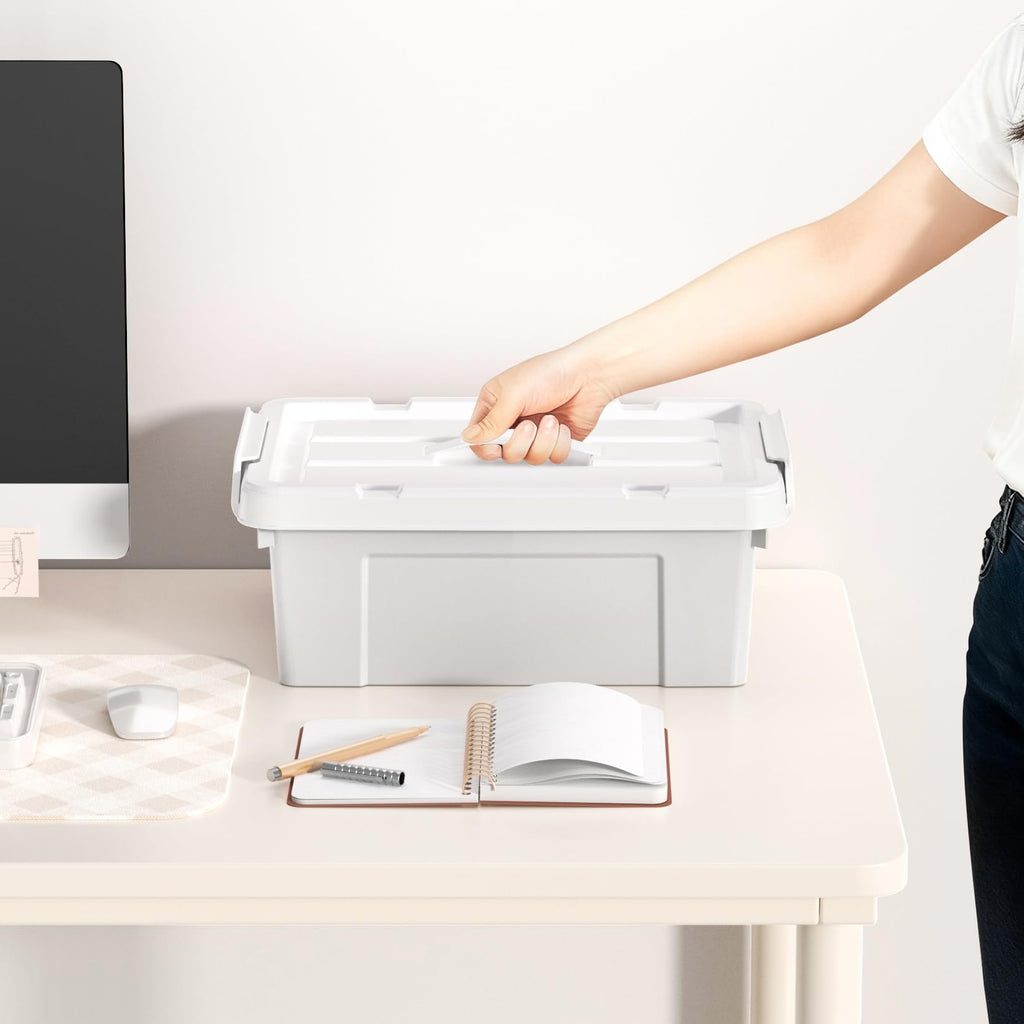 Cetomo 15L*4 Aufbewahrungsboxen, Tragbare Plastikboxen mit Deckeln, Organizer-Behälter mit Griff und Clips, Stapelbar, Ineinander Nestbar, für Zuhause und Büro, Grau, 15L-4er Pack