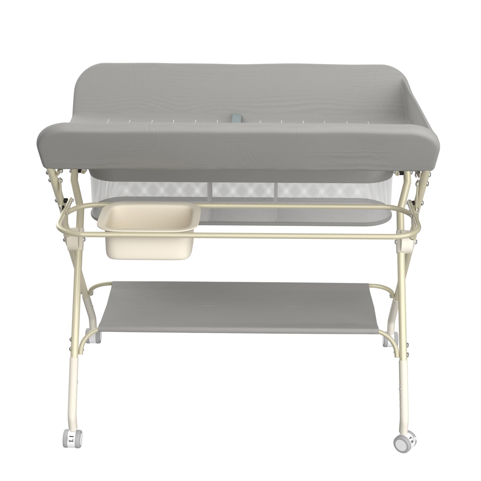Wickelstation mit Seitenkorb, höhenverstellbarer tragbarer Wickeltisch mit feststellbaren Rädern, multifunktionaler Aufbewahrungs-Organizer fürs Kinderzimmer,75 x 68 x 83–91 cm (A) (Grau)