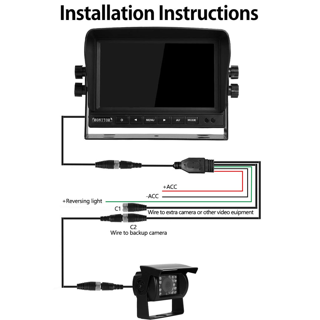 Rückfahrkamera-Set mit 7"-LCD-Monitor & 170° Weitwinkel- Rückfahrkamera, IP68 wasserdicht, 18IR Nachtsicht, für LKW/Anhänger/Bus/Van/Landwirtschaft/Schwertransport(12-24 Volt)