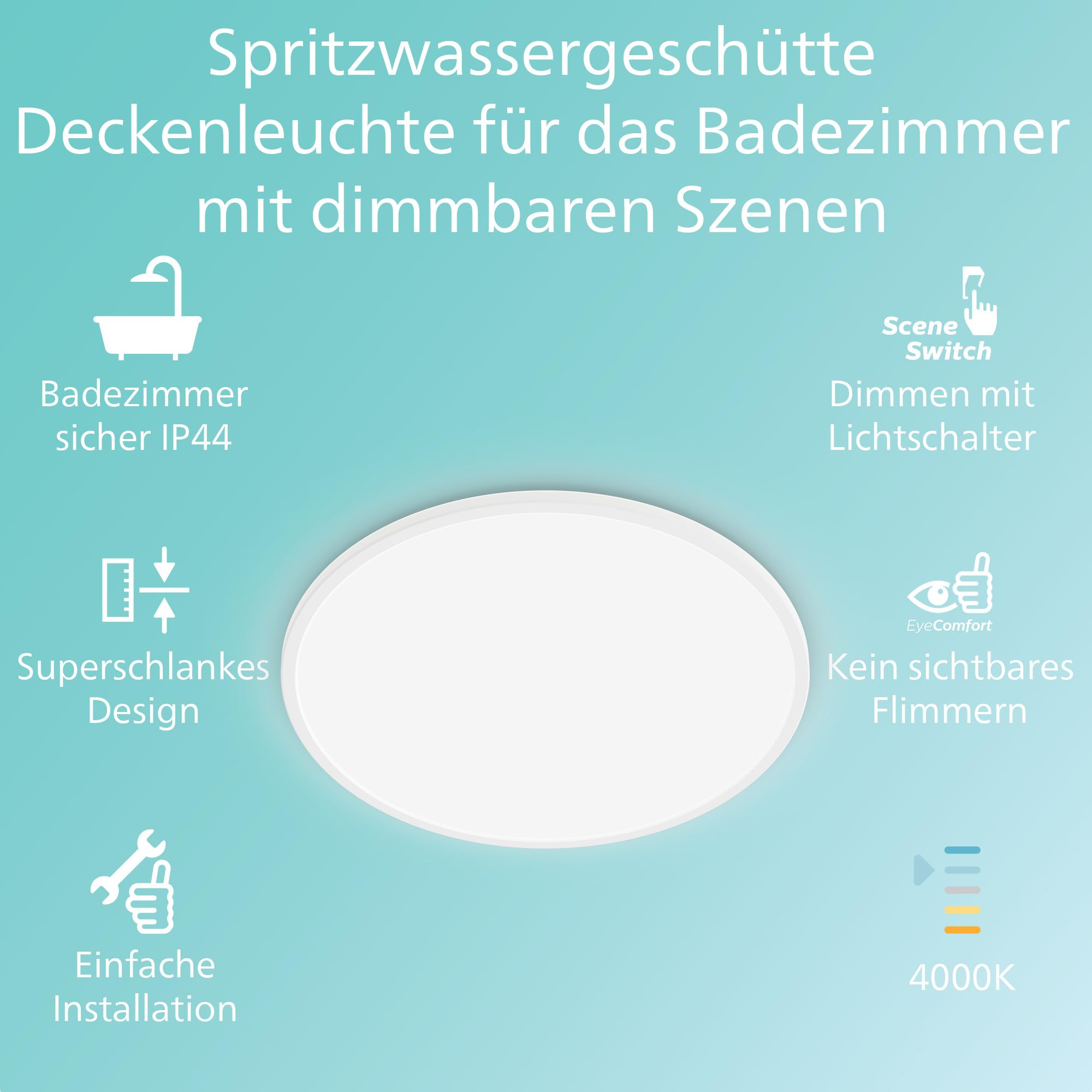 Philips LED Badezimmer Deckenleuchte Superslim (15 W), 3 Lichteinstellungen, kaltweiß Licht, dimmen ohne Dimmer, IP44 Schutz, weiß, 25cm