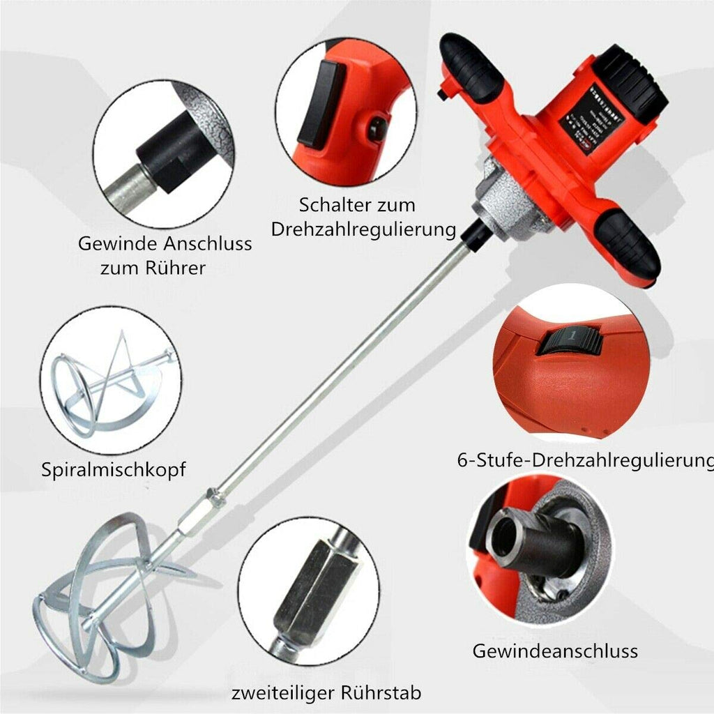 TABODD 2100W Rührwerk Mörtelrührer 220V, 800R/min 6 Stufen Handrührgeräte Mischer Rührer Rührgerät Mörtelrührer Betonrührer Mörtel Betonrührer, Rot