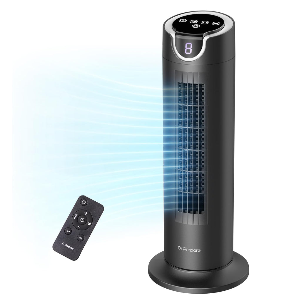 DR.PREPARE Turmventilator mit 12W DC Motor, Tischventilatoren mit Fernbedienung, 25 dB, 7m/s, 8 Geschwindigkeiten, 1–8 Stunden Timer, 80° Oszillierender, Leise Ventilator für Schlafzimmer, Büro