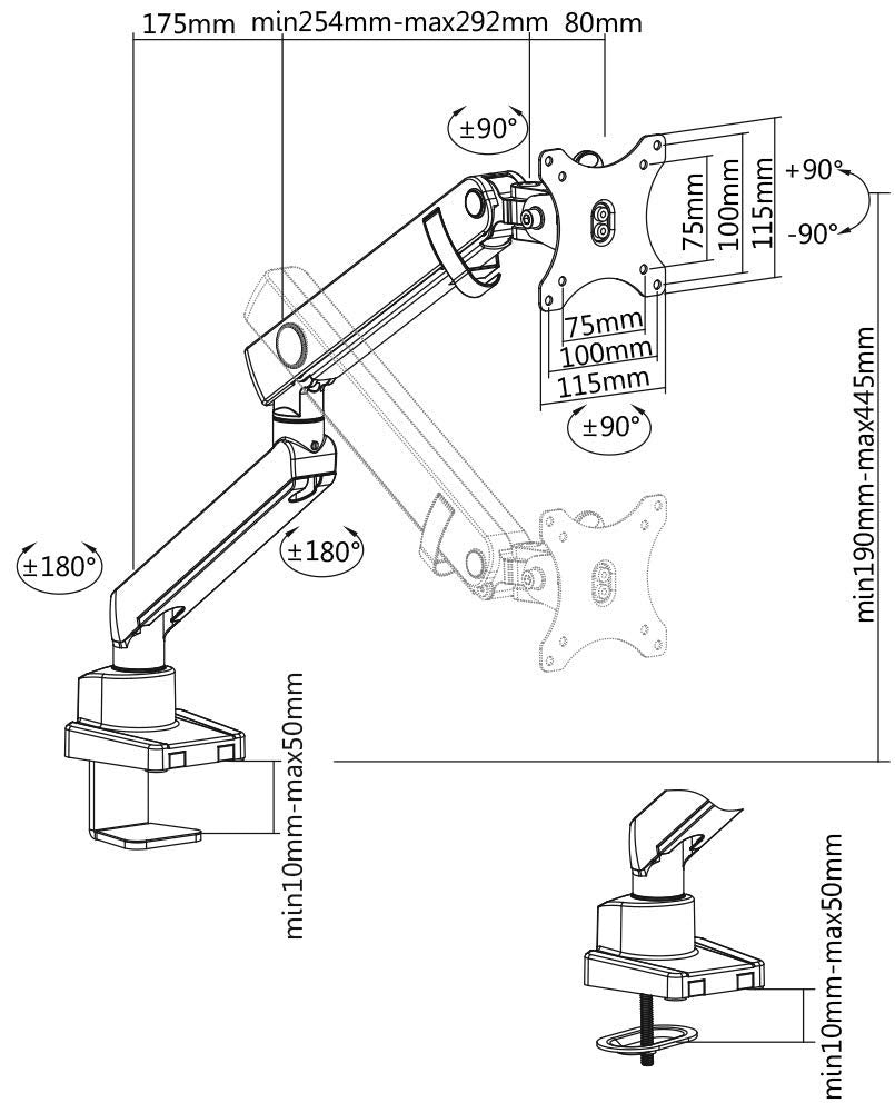 ICY BOX Monitor Halterung für 1 Monitor bis 32 Zoll (bis 8kg, VESA 75x75/100x100), Monitorständer aus Stahl, Schwenk-& Neigbar, Befestigung auf Tischplatte/Tischkante, IB-MS313-T, Schwarz