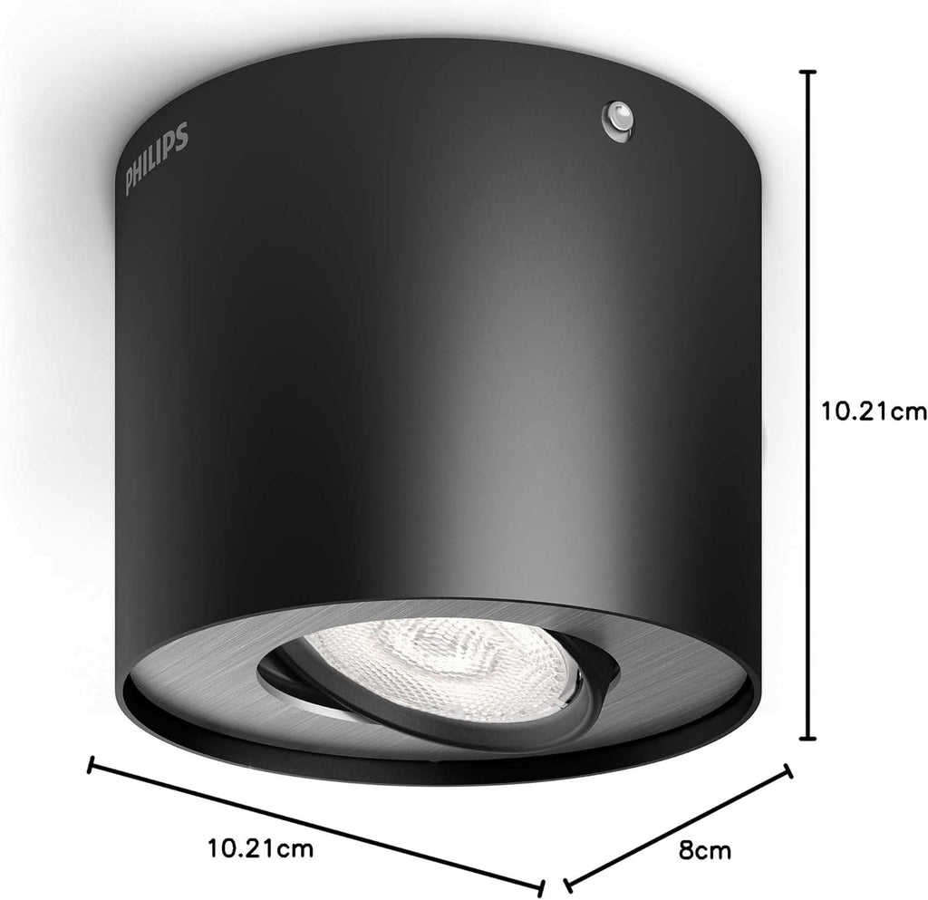 Philips Phase LED-Spotleuchte, Deckenspot dimmbar bis 10 %, 2700K, Einfache Installation, 500 lm, 6,5W, Einstellbarer Spot, EyeComfort, Schwarz