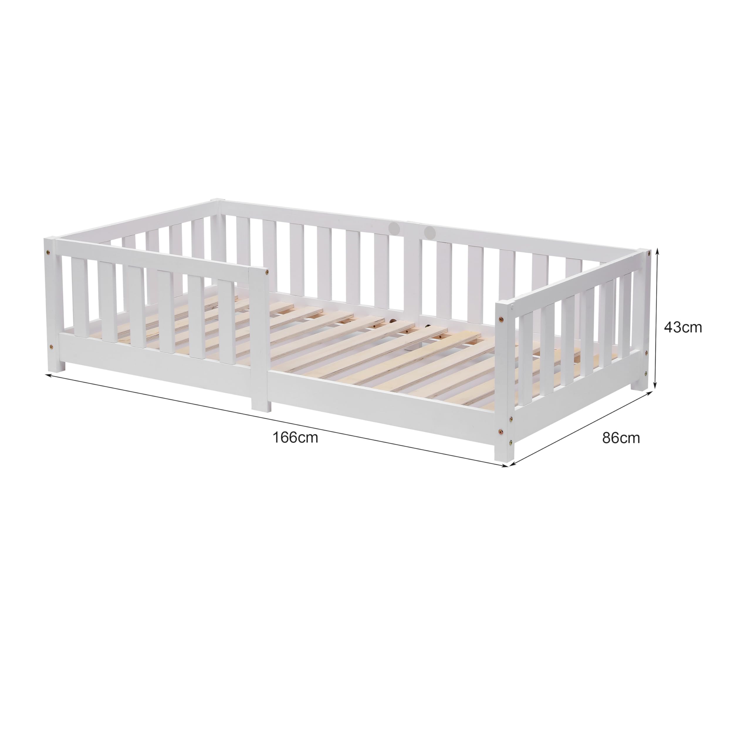 ecomi® Kinderbett 80x160 mit Rausfallschutz Bodenbett Kinder Bett mit Lattenrost für Kinder Kinderbetten für Mädchen und Jungen Massivholz Kiefer in Weiß