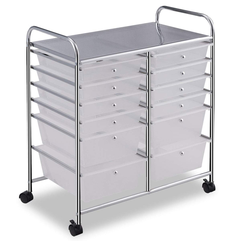 COSTWAY Rollwagen mit 12 stapelbaren Schubladen, Schubladenwagen Rollcontainer mit Metallgestell und Ablagefläche, Badrollwagen Aufbewahrungswagen für Büro, Wohnzimmer (Transparent)
