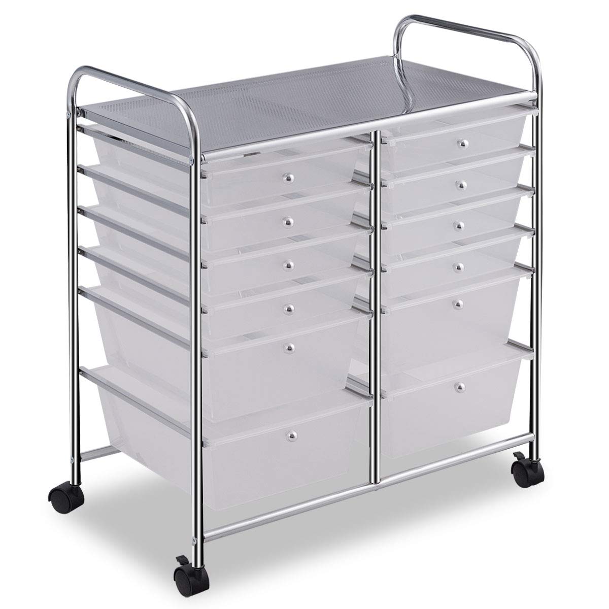COSTWAY Rollwagen mit 12 stapelbaren Schubladen, Schubladenwagen Rollcontainer mit Metallgestell und Ablagefläche, Badrollwagen Aufbewahrungswagen für Büro, Wohnzimmer (Transparent)
