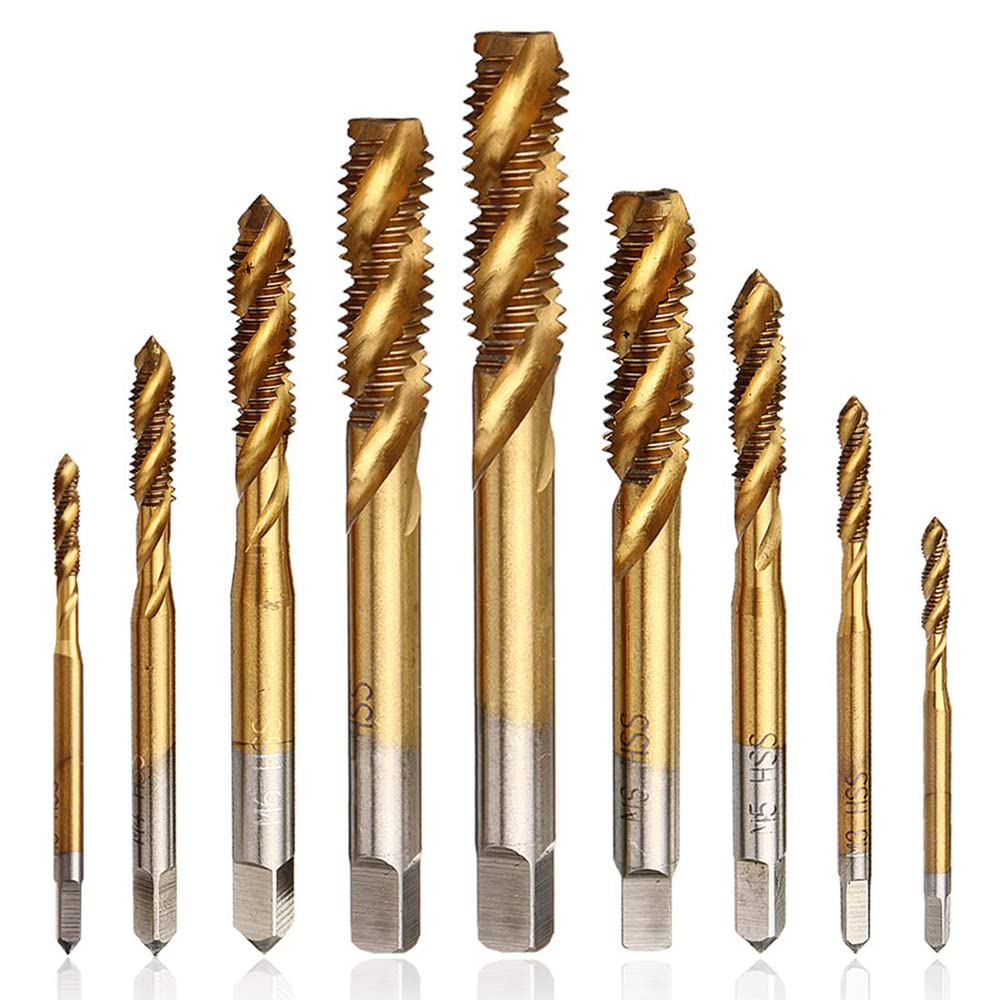Mesee 9 Stück Spiralnuten-Gewindebohrer-Set, Titanbeschichtet, HSS metrisches Gewindebohrer, Bohrer, Gewindebohrer, Gewindebohrer, Gewindebohrer, M2, M2,5, M3, M4, M5, M6, M8, M10, M12