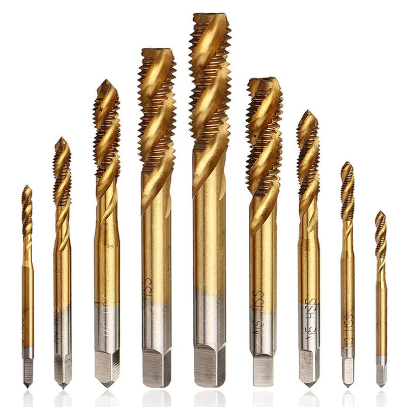 Mesee 9 Stück Spiralnuten-Gewindebohrer-Set, Titanbeschichtet, HSS metrisches Gewindebohrer, Bohrer, Gewindebohrer, Gewindebohrer, Gewindebohrer, M2, M2,5, M3, M4, M5, M6, M8, M10, M12