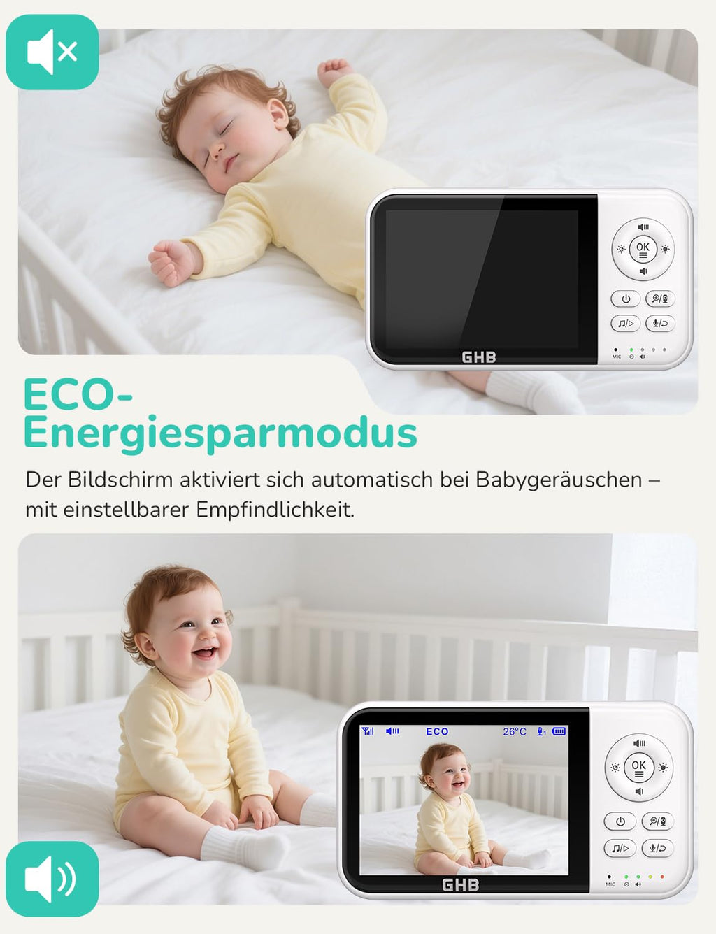 GHB Babyphone mit Kamera Baby Monitor 3,2 Zoll LCD 2100 mAh Akku 2X Zoom Temperatursensor Nachtsicht Gegensprechen