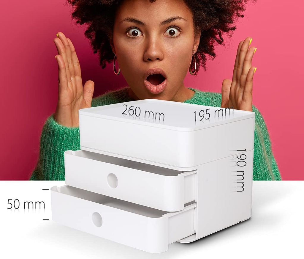 HAN Schubladenbox Allison SMART-BOX plus mit 2 Schubladen, Trennwand sowie Utensilienbox, inkl. Kabelführung, stapelbar, Büro, Schreibtisch, Küche, möbelschonende Gummifüße, 1100-12, hochglänzend weiß