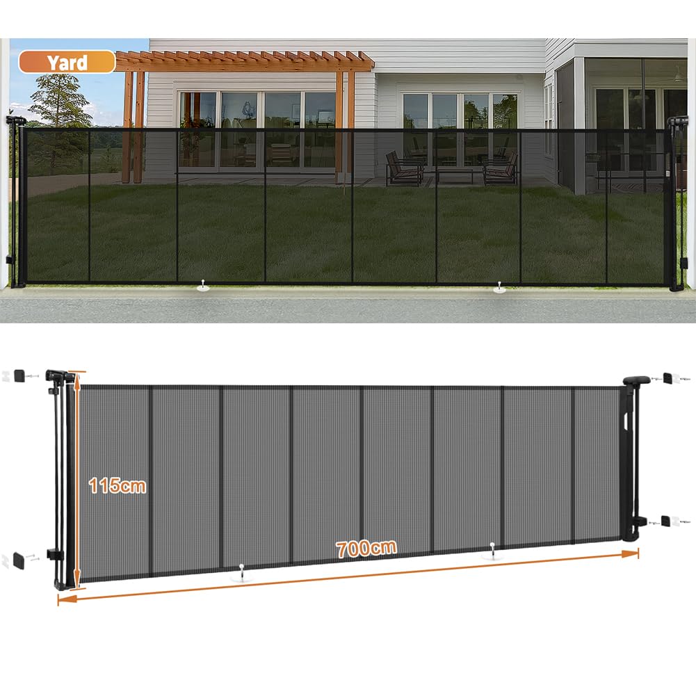 Treppen- & Türschutzgitter Ausziehbar 0-700cm | 115cm H Baby- & Haustiergitter mit verstärktem Mesh | Sicherheitstor für Treppen, Türen, große Öffnungen Indoor/Outdo (700cm/Schwarz)