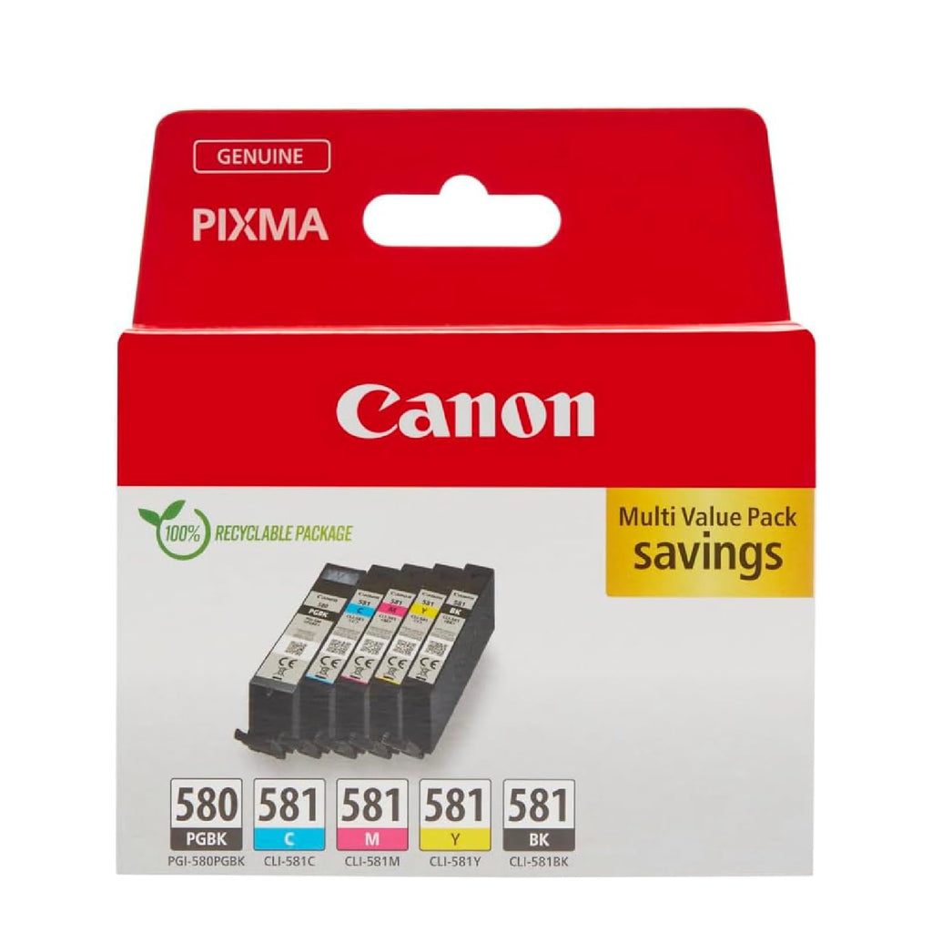 Canon Tinten-Multipack - PGI-580/CLI-581 Original Drucker Tintenpatronen 5er-Pack (1 x Schwarz, 1 x Cyan, 1 x Magenta, 1 x Gelb & 1 x Schwarz druckerpatronen)