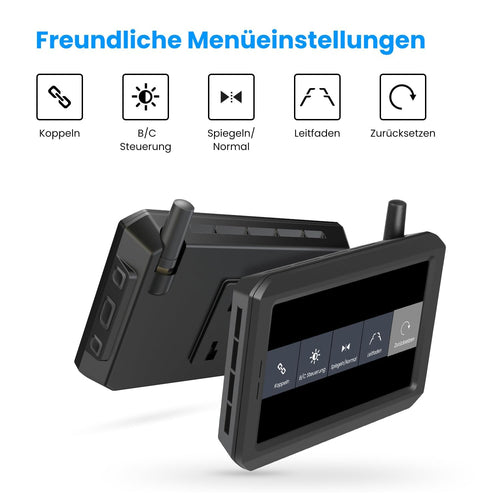 AUTO-VOX W7 5“ LCD Kabellos Digital Rückfahrkamera Set, mit eingebautem Funksender, Wireless Einparkhilfe, Wasserdicht IP68 Nachtsicht