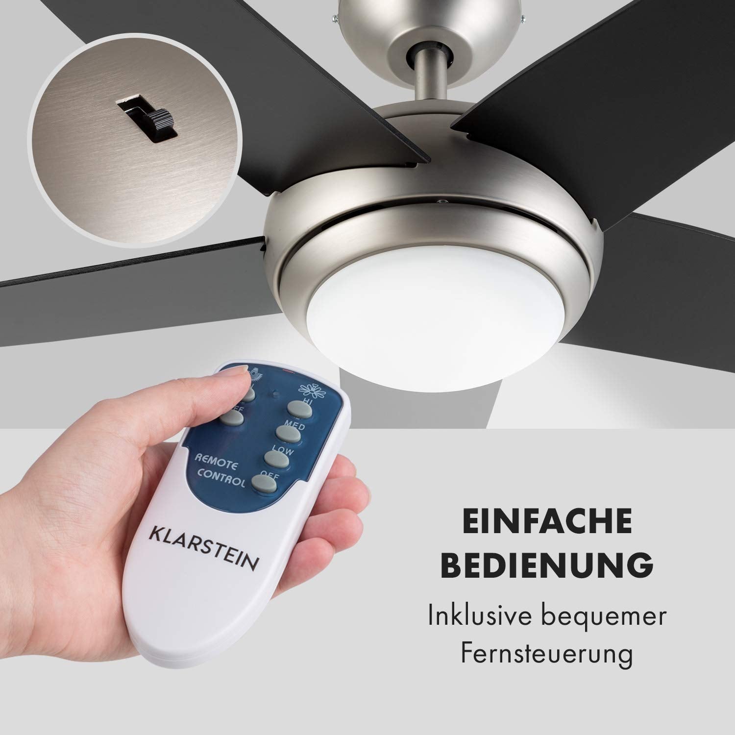 Klarstein Bolero - 2-in-1-Deckenventilator 134cm durchmessender Ventilator, Leuchte 55W Leistung, Holzflügel, Fernbedienung, 50 dB, 3 Drehgeschwindigkeiten: schnell, mittel, langsam, schwarz