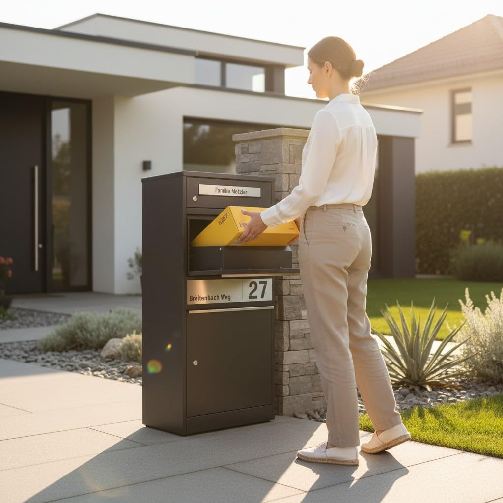 Metzler Paketbox, Briefkasten mit großem Paketfach in Anthrazit, personalisierte Paketbox für draußen, Standbriefkasten mit Paketfach, Paketkasten, Postbox mit Gravur, rostfrei und massiv - Bispo 2