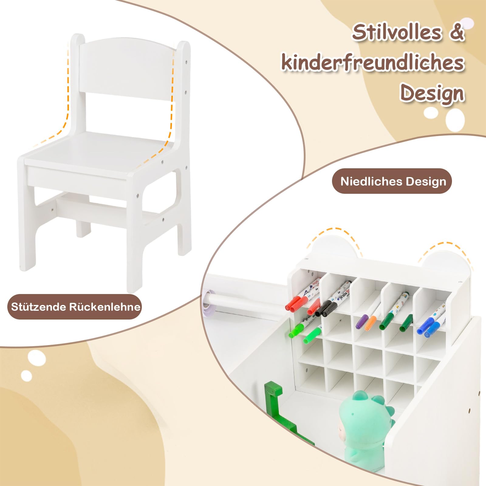 COSTWAY Kinder Tisch Stuhl Set, Maltisch mit abnehmbarem Papierrollenhalter & Fächerschrank, Kindertisch mit Stauraum, Regalen & Schublade, Kindersitzgruppe für Kinder ab 3 Jahren