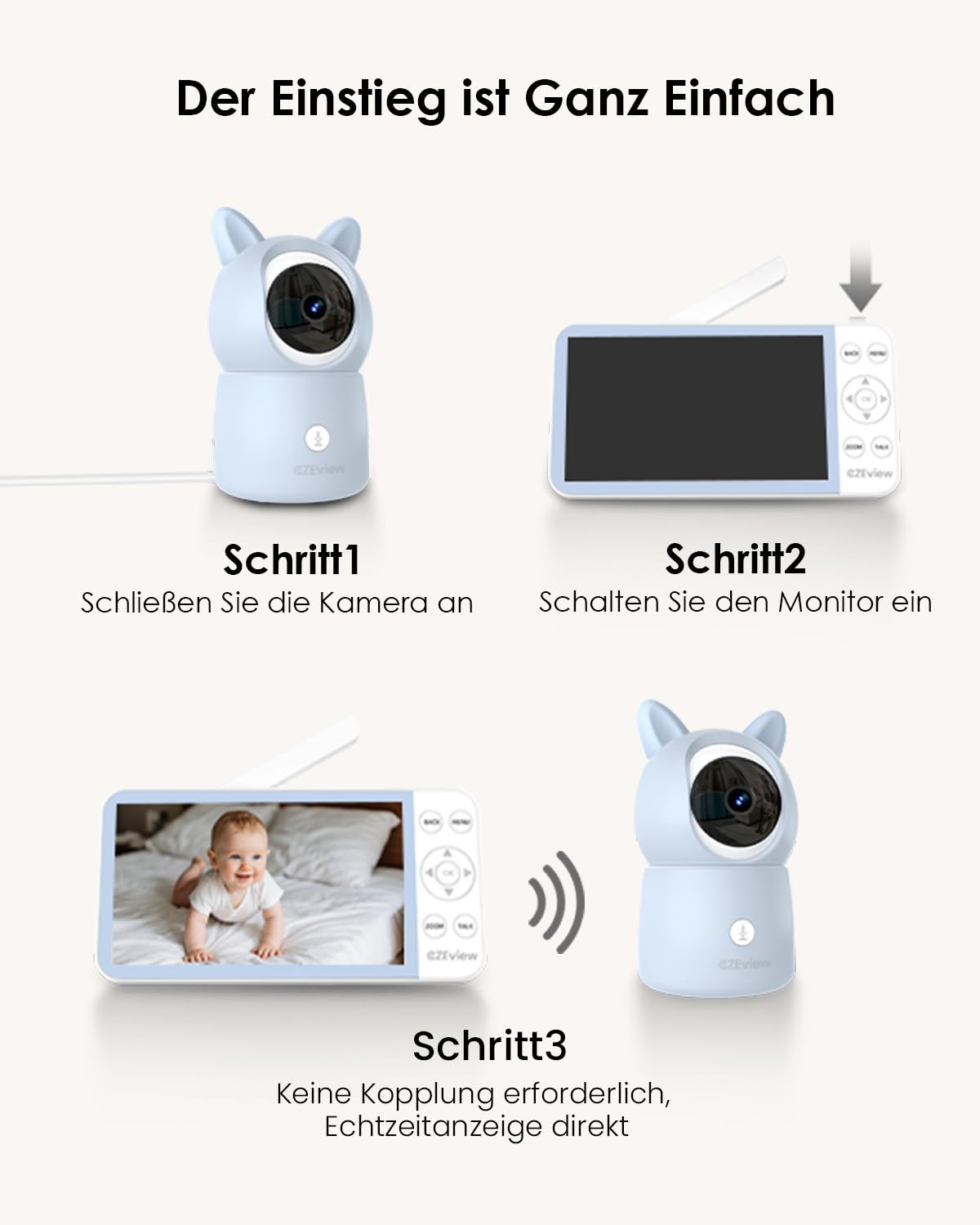 CZEview BM6 Babyphone mit Kamera 2K & 4X Zoom, 5.5" HD WLAN Video Babyfon mit App, Nachtsicht, Bewegungs&Geräusch&Temperaturerkennung, 2-Wege-Gespräch, 360° Ansicht, Musik&Buntes Nachtlicht(Blau)