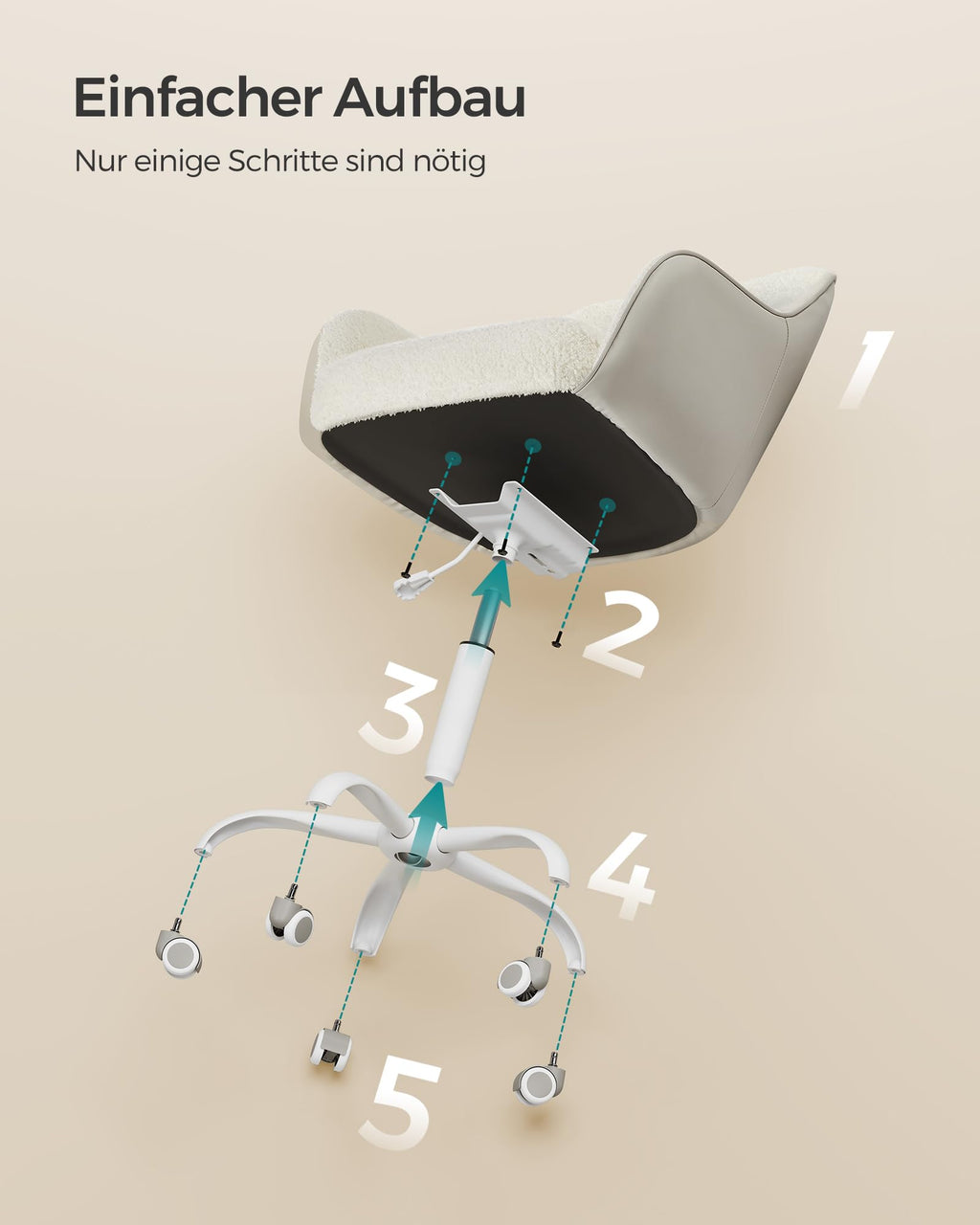 SONGMICS Homeoffice Stuhl, Drehstuhl, Schreibtischstuhl, höhenverstellbar, bis 110 kg belastbar, atmungsaktiver Sherpa-Stoff und PU, für Arbeitszimmer, Schlafzimmer, cappuccinobeige OBG019W01