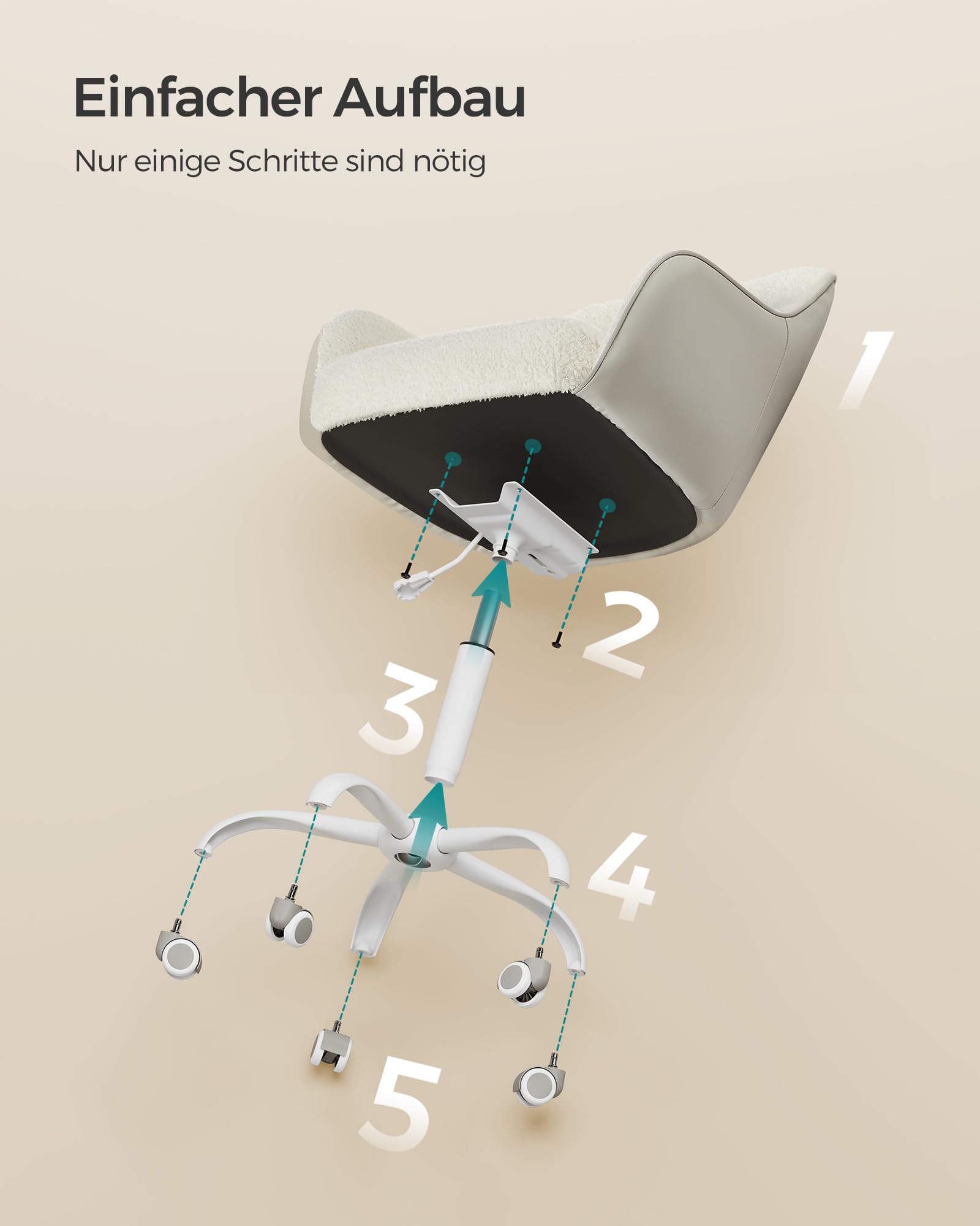SONGMICS Homeoffice Stuhl, Drehstuhl, Schreibtischstuhl, höhenverstellbar, bis 110 kg belastbar, atmungsaktiver Sherpa-Stoff und PU, für Arbeitszimmer, Schlafzimmer, cappuccinobeige OBG019W01