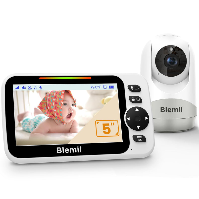 Blemil Babyphone mit Kamera und Audio 30 Stunden wiederaufladbare Batterie, 5" großer Bildschirm, ferngesteuerte Schwenk-/Neige-/Zoom-Kamera, Zwei-Wege-Gespräch, Nachtsicht, kein WiFi