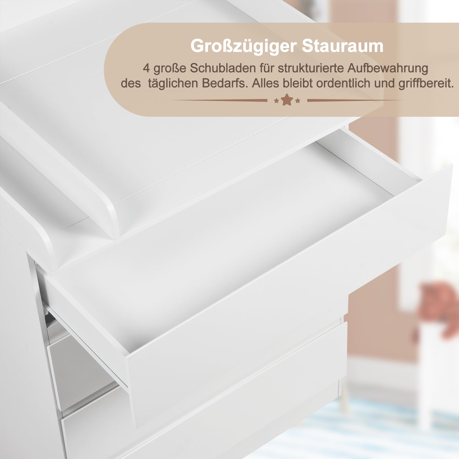 WOLTU Wickelkommode mit abnehmbarem Wickelaufsatz, Wickeltisch Baby, Wickelregal, Kommode mit 4 Schubladen, Höhe 110 cm, Weiß + Hochglanz