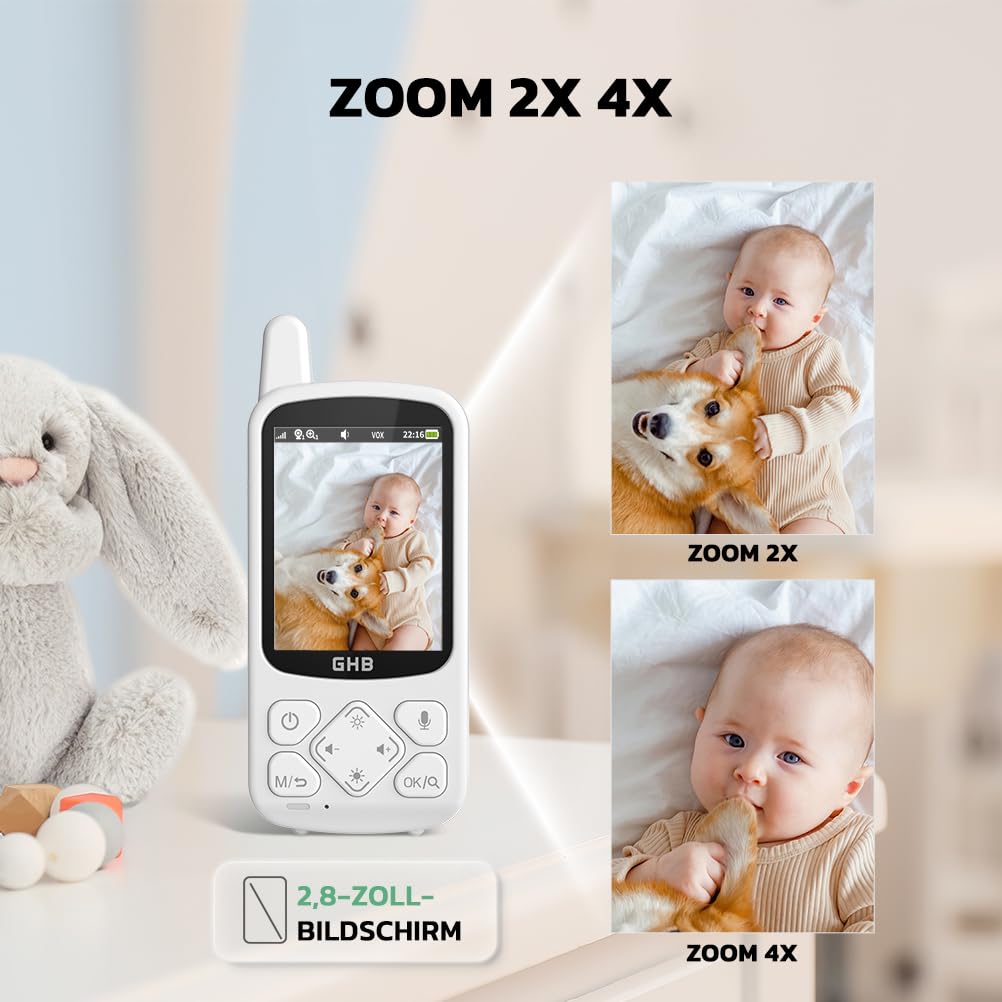 GHB Babyphone mit Kamera Baby Monitor 720P HD Zoom 2000mAh Akku 8 Schlafliedermit VOX Modus Nachtsicht